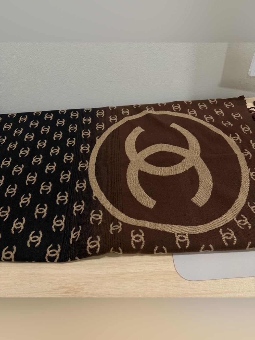 CHANEL Two-Tone Brown & Black Logo Jacquard Scarf